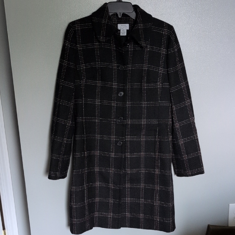 CLEARANCE!!! Women's LOFT Black Wool Trench Coat with Pink And White Grid Size 6